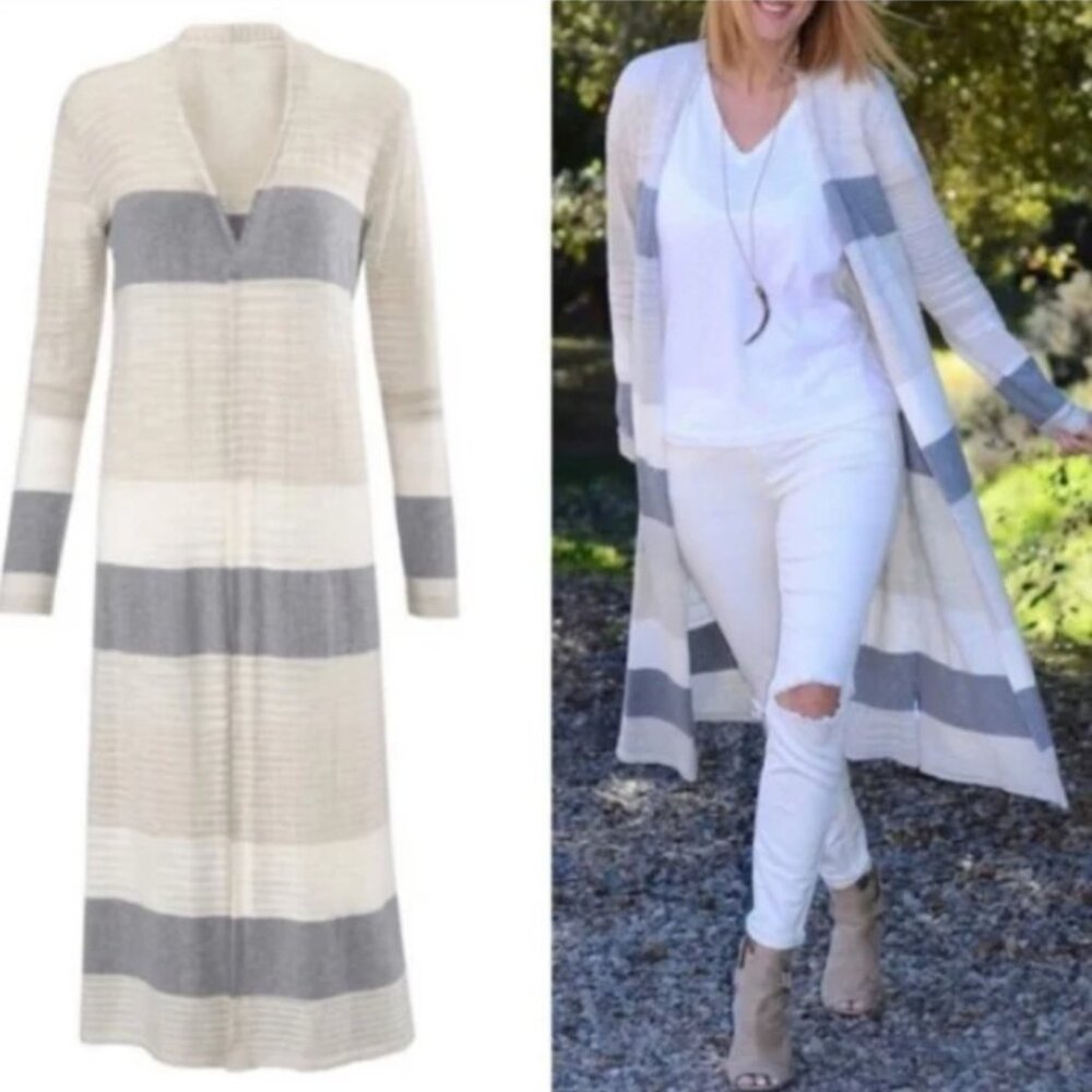 Cabi Vineyard Sweater White and Grey Striped Duster #5018 Size Small